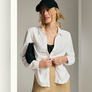 Cloth & Stone Shirred Button Up Shirt Size M White Lyocell Casual Effortless